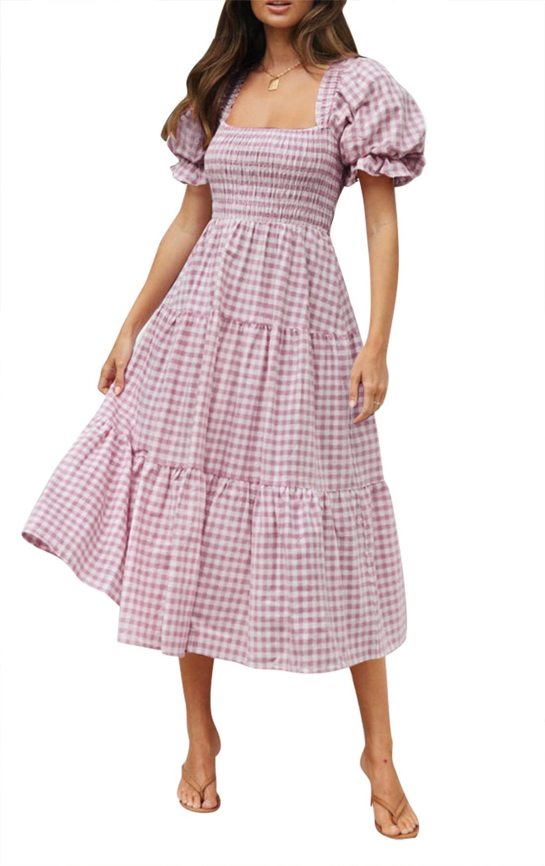 ZESICA Women's 2025 Bohemian Summer Plaid Square Neck Puff Sleeve Ruffle Flowy Beach Midi Dress