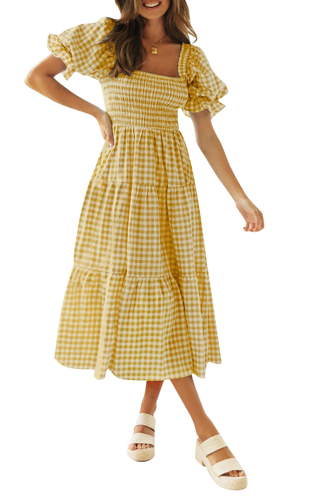 ZESICA Women's 2025 Bohemian Summer Plaid Square Neck Puff Sleeve Ruffle Flowy Beach Midi Dress