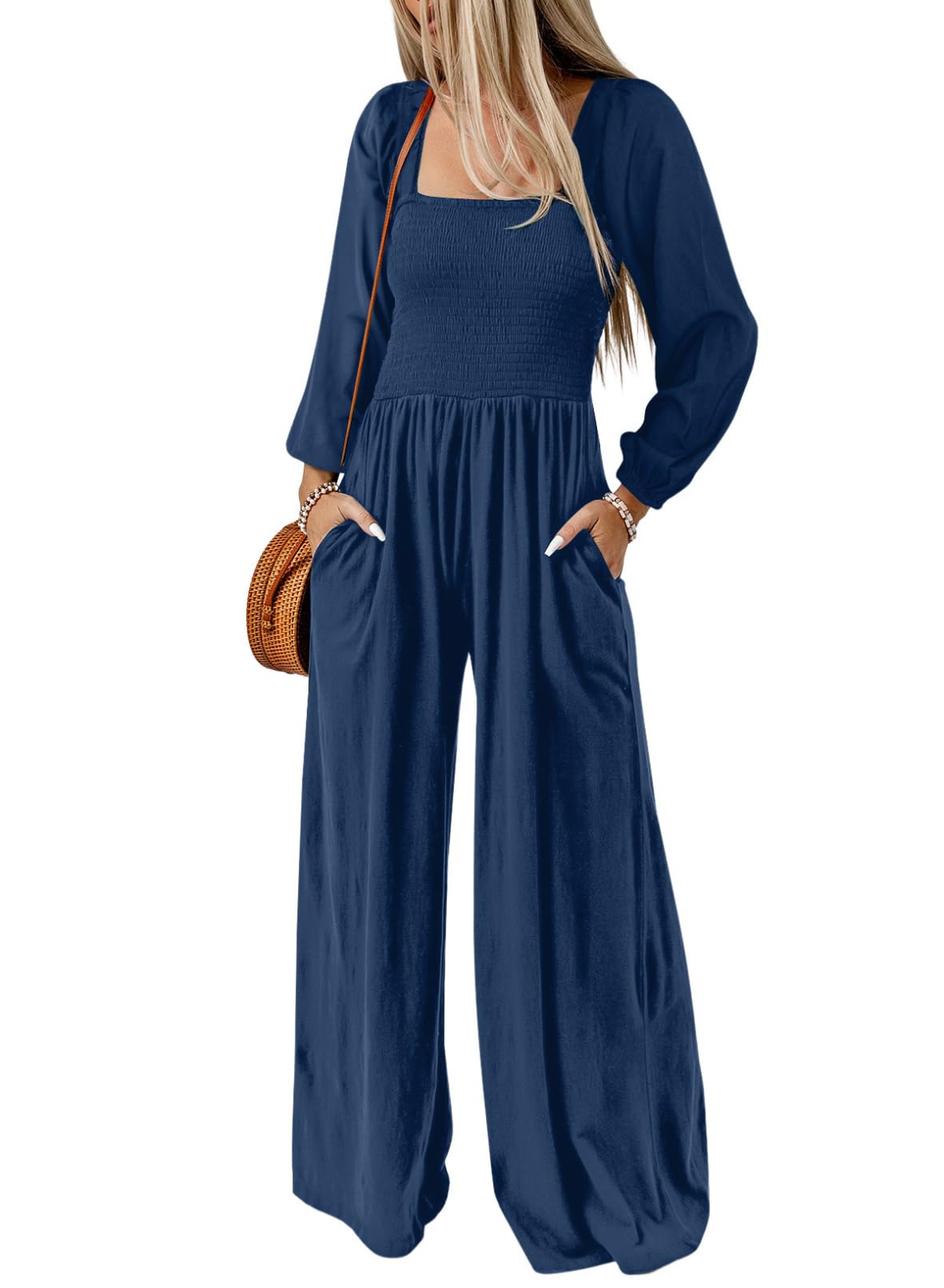 Dokotoo Women's Casual Loose Overalls Jumpsuits One Piece Long Sleeve Wide Leg Long Pant Rompers With Pockets