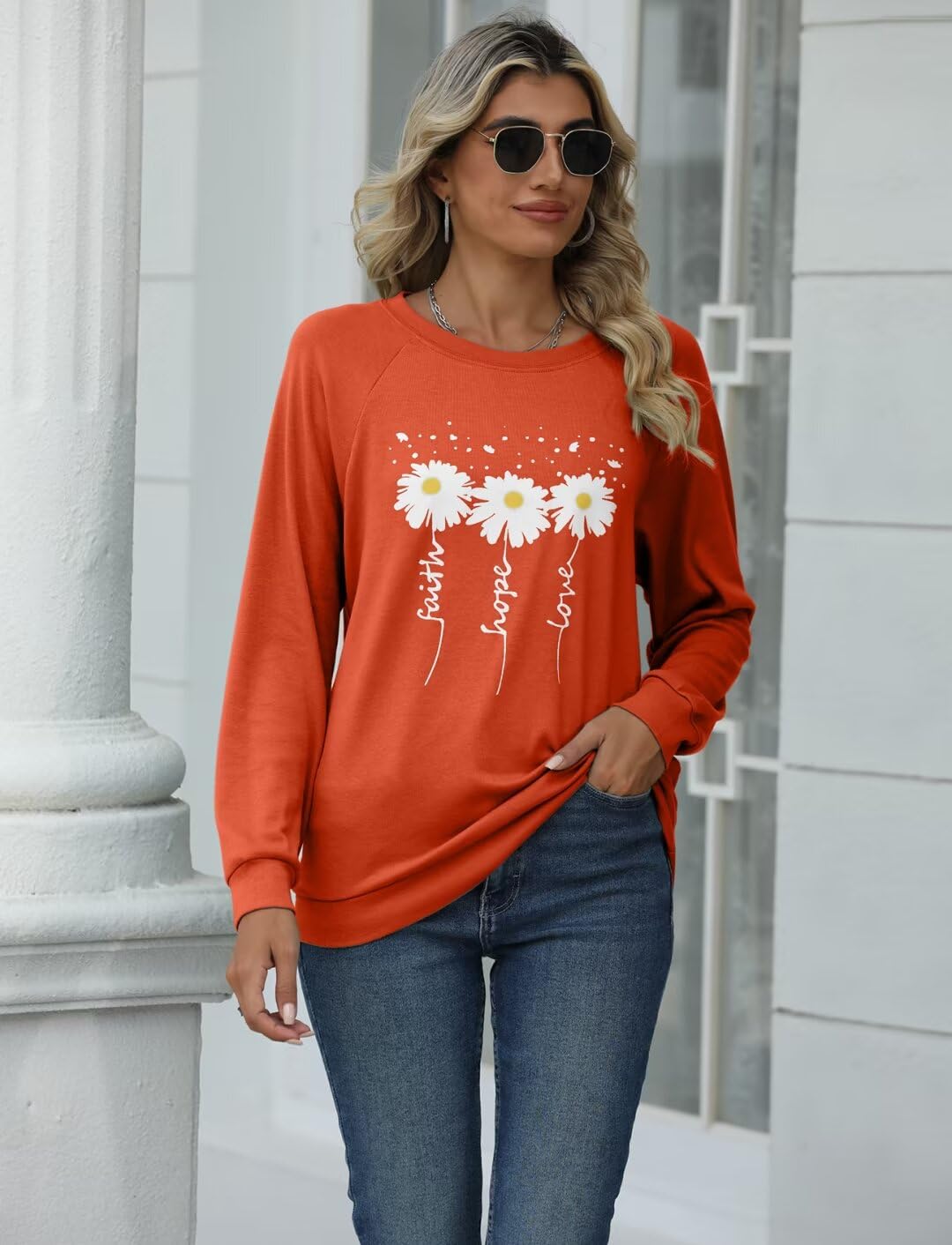 EADINVE Women Crewneck Daisy Print Long Sleeve Sweatshirts Faith-Hope-Love Graphic Tops Casual Loose Fit Pullover Shirts