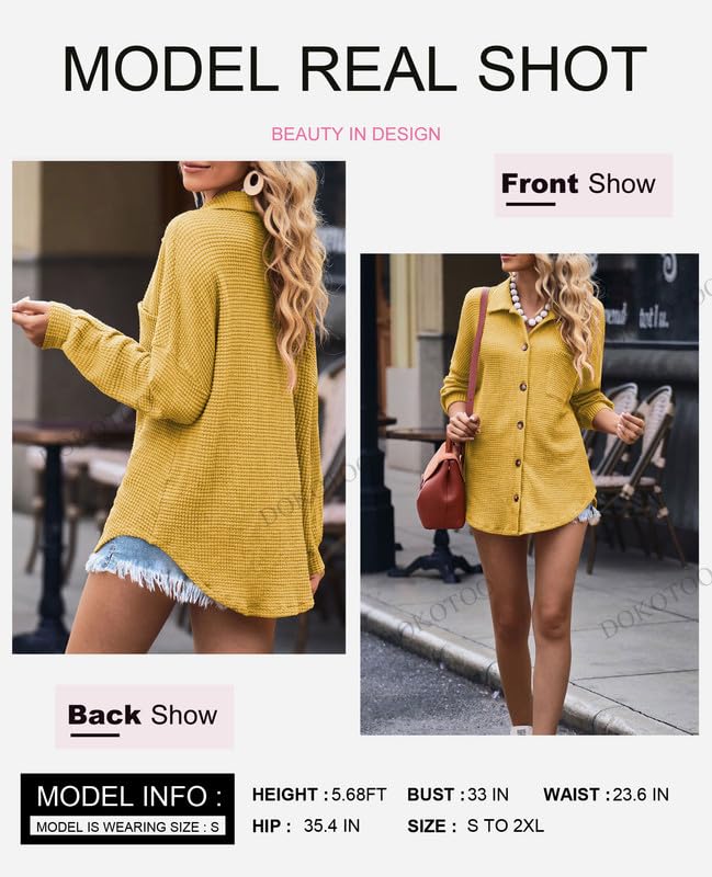 Dokotoo Womens Waffle Knit Shacket Jacket Casual Long Sleeve Button Down Shirts Dressy Blouses Tops
