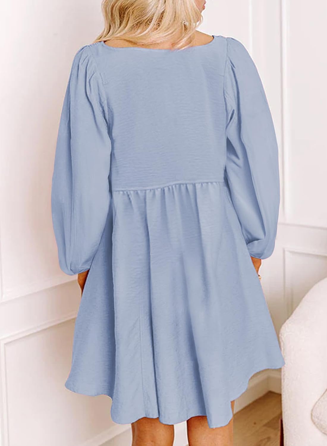 Dokotoo Womens 2025 Casual Dresses Smocked Crewneck Button Up Long Sleeve Empire Waist A-Line Mini Dress
