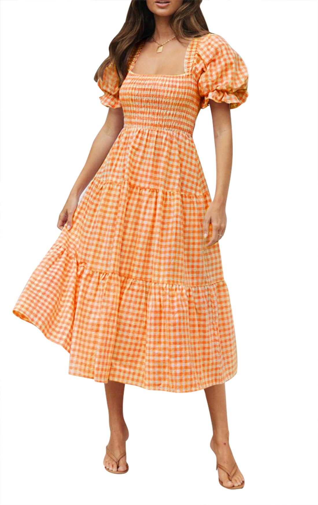 ZESICA Women's 2025 Bohemian Summer Plaid Square Neck Puff Sleeve Ruffle Flowy Beach Midi Dress