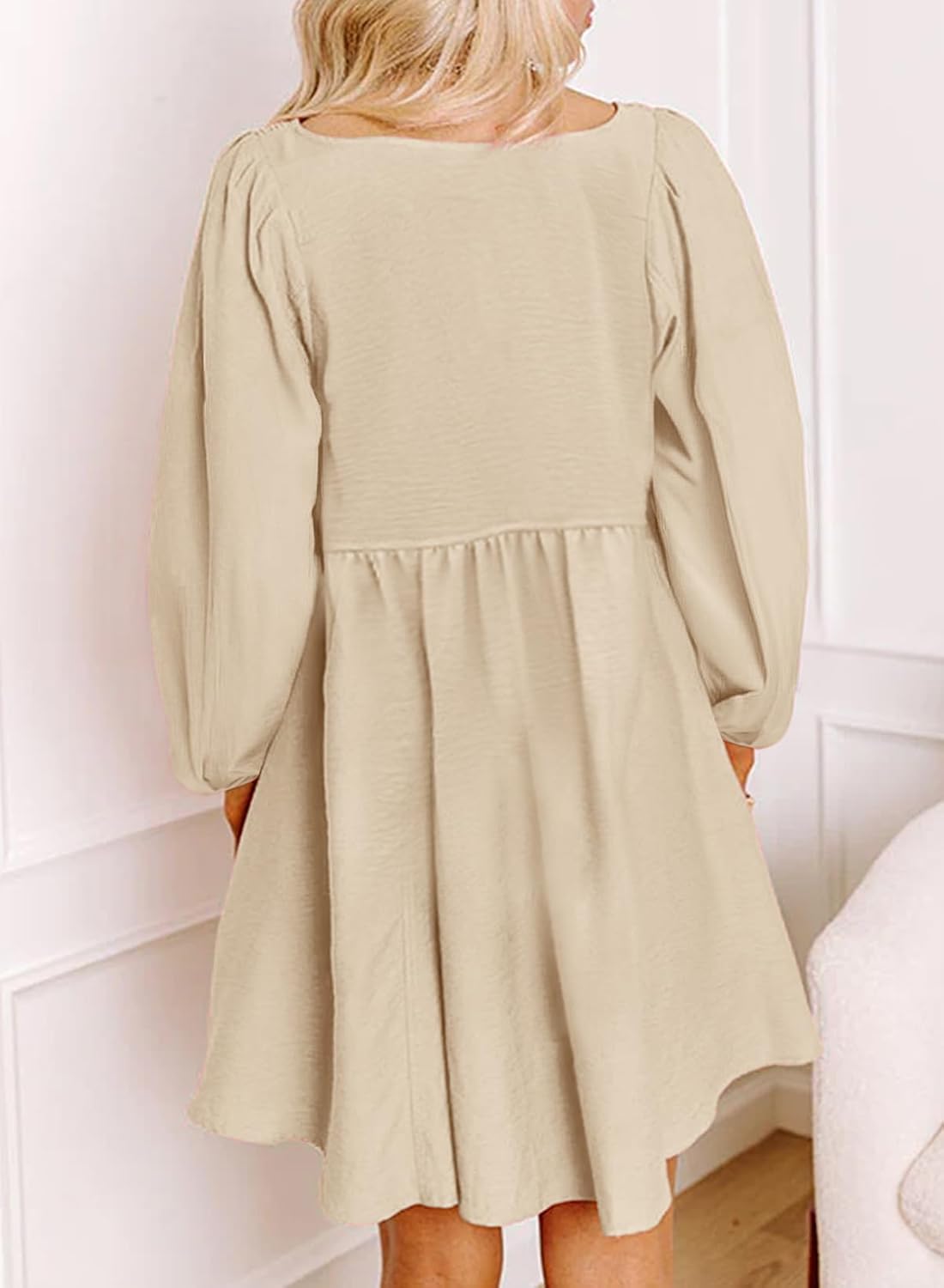 Dokotoo Womens 2025 Casual Dresses Smocked Crewneck Button Up Long Sleeve Empire Waist A-Line Mini Dress