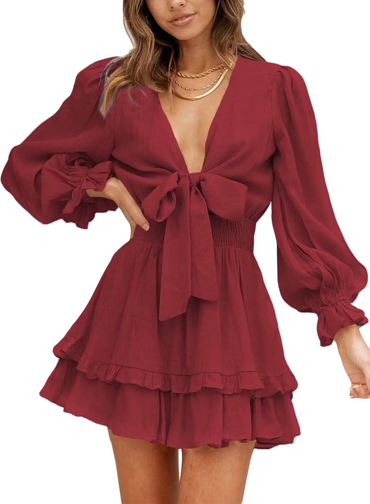 Dokotoo Womens Casual Spring Fall 2025 Deep V Neck Knotted Tiered Chiffon Elegant Mini Short Swing Skater Dresses