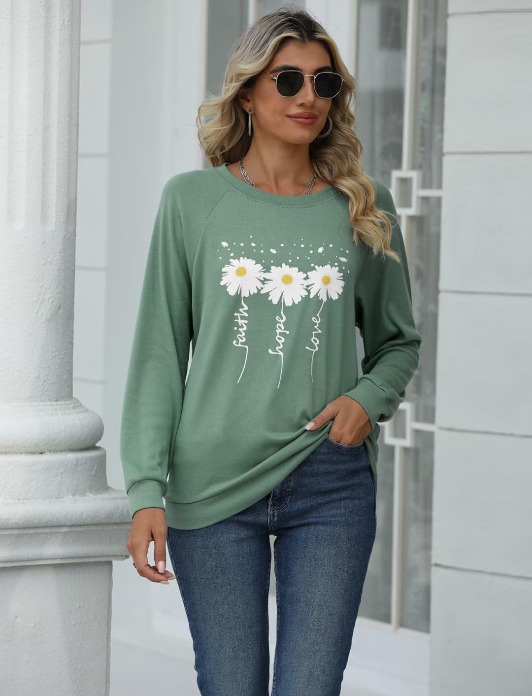 EADINVE Women Crewneck Daisy Print Long Sleeve Sweatshirts Faith-Hope-Love Graphic Tops Casual Loose Fit Pullover Shirts