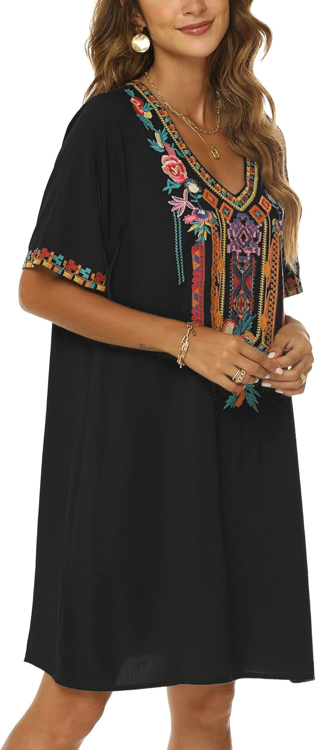 Grosy Women's Embroidered Mexican Peasant Dresses, Plus Size Fiesta Boho Dress for Women, Traditional Floral Bohemian Tunic