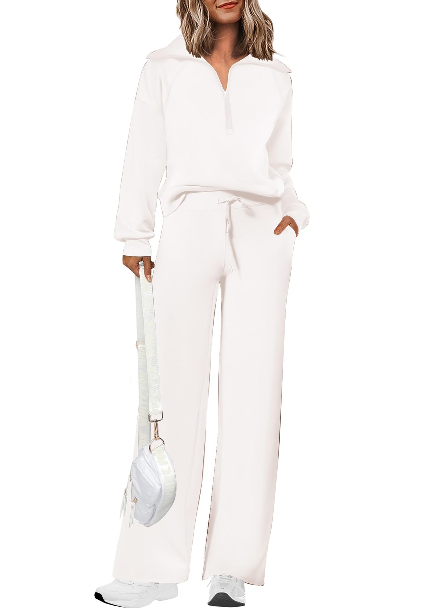 PRETTYGARDEN Women's 2 Piece Outfits Casual Lapel Half Zip Sweatshirts And Wide Leg Pants Tracksuit Sets