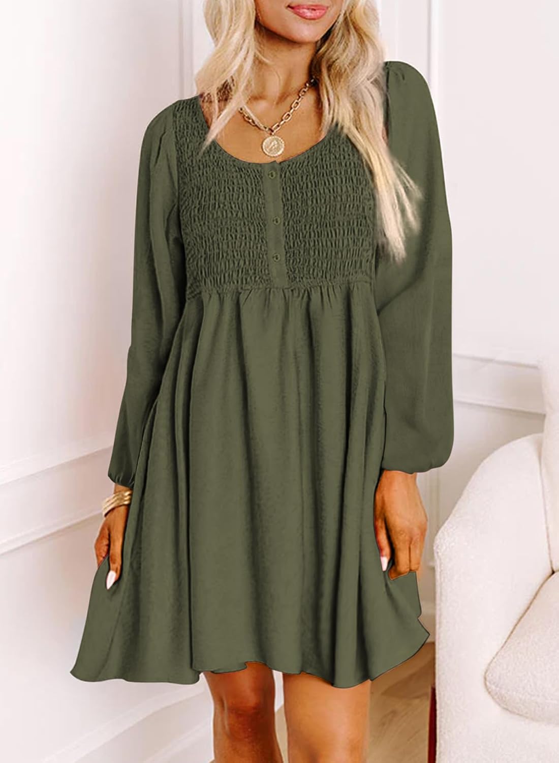 Dokotoo Womens 2025 Casual Dresses Smocked Crewneck Button Up Long Sleeve Empire Waist A-Line Mini Dress