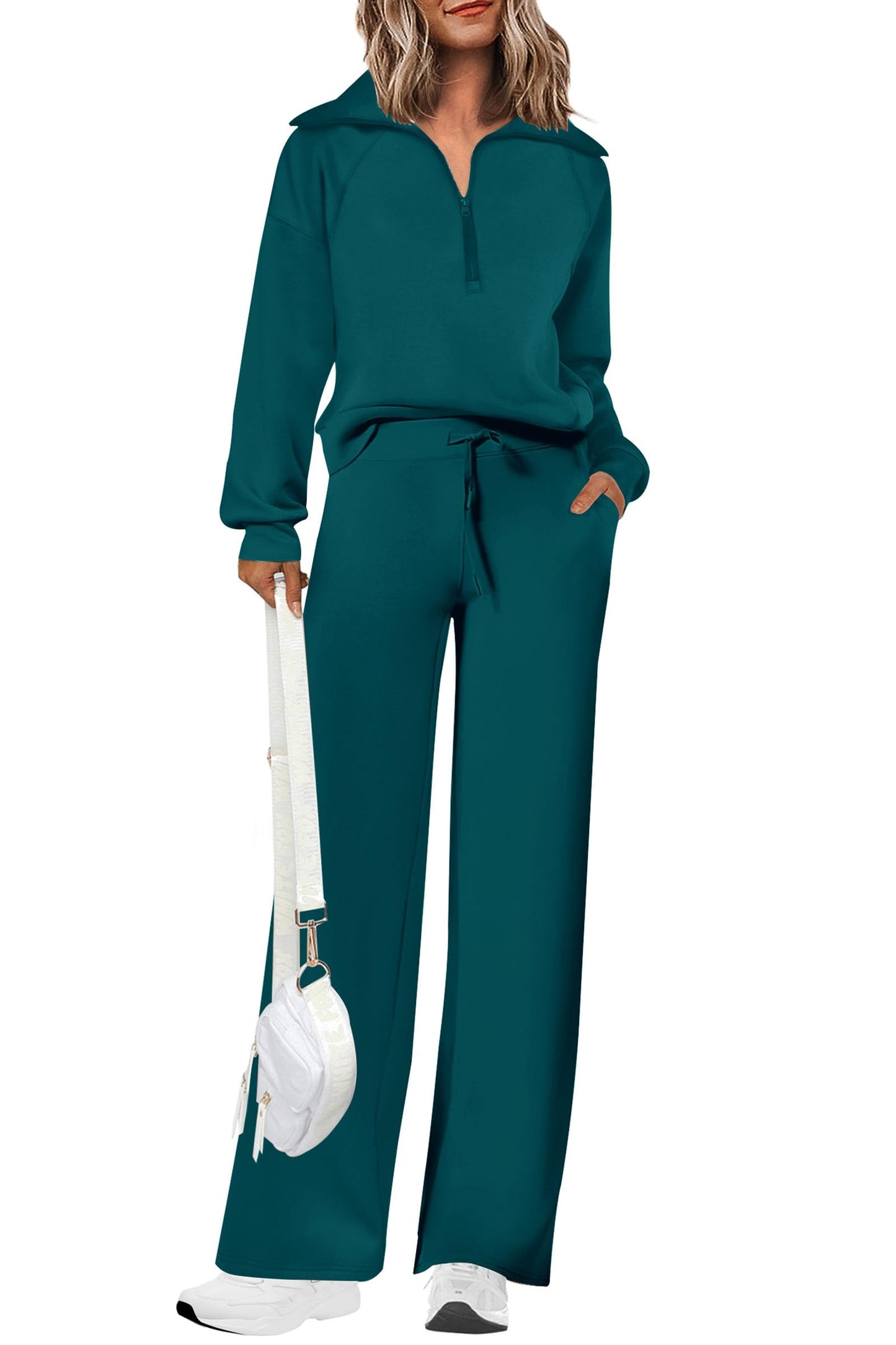 PRETTYGARDEN Women's 2 Piece Outfits Casual Lapel Half Zip Sweatshirts And Wide Leg Pants Tracksuit Sets