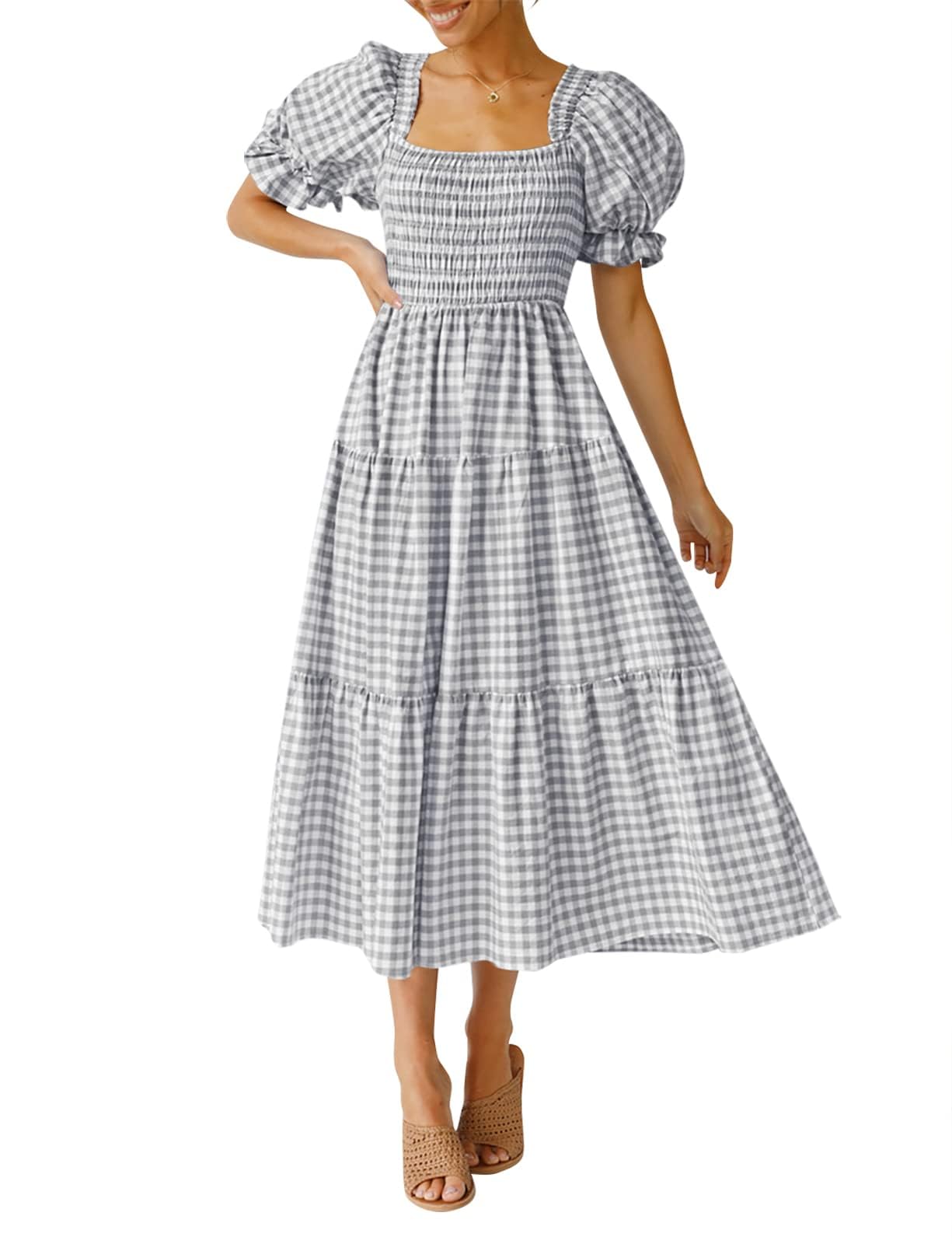 ZESICA Women's 2025 Bohemian Summer Plaid Square Neck Puff Sleeve Ruffle Flowy Beach Midi Dress