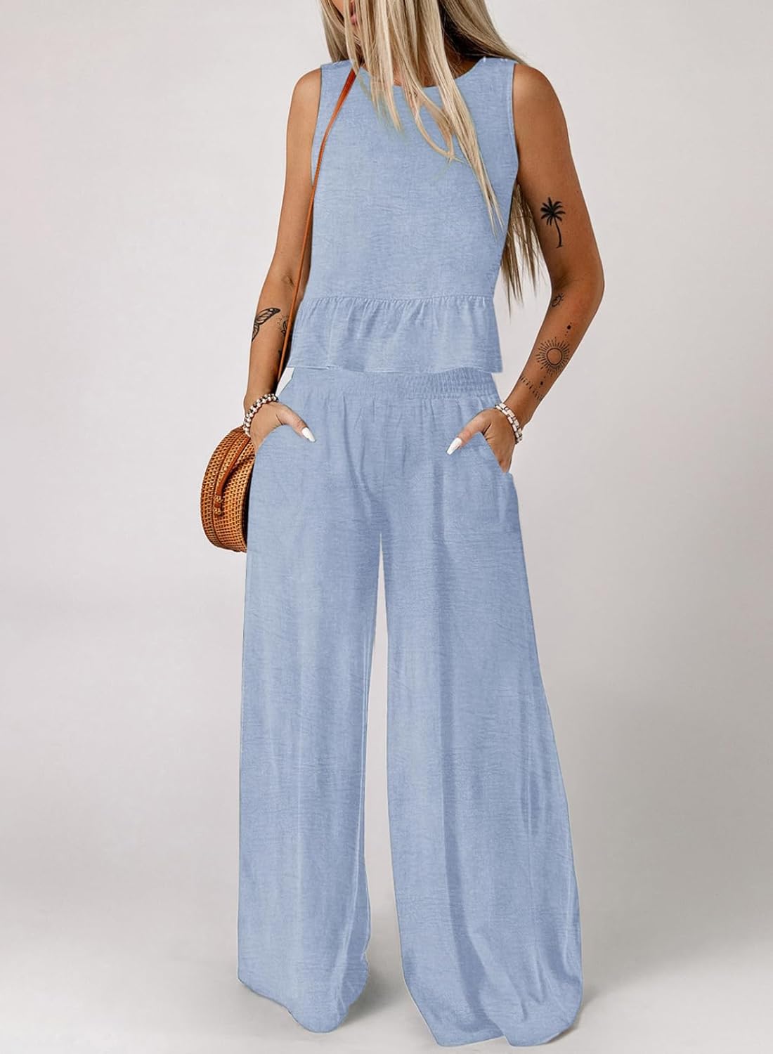 Dokotoo Pants Sets Women 2 Piece Outfits Sleeveless Round Neck Tank Tops Matching Sets for Women Elastic Waist Wide Leg
