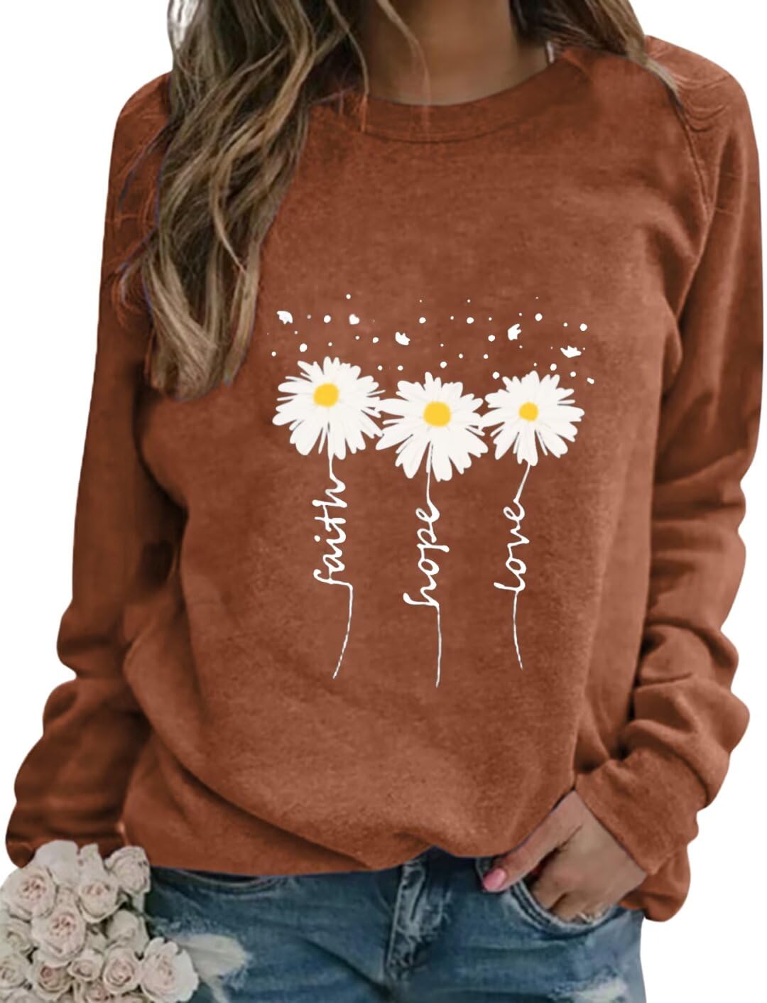 EADINVE Women Crewneck Daisy Print Long Sleeve Sweatshirts Faith-Hope-Love Graphic Tops Casual Loose Fit Pullover Shirts