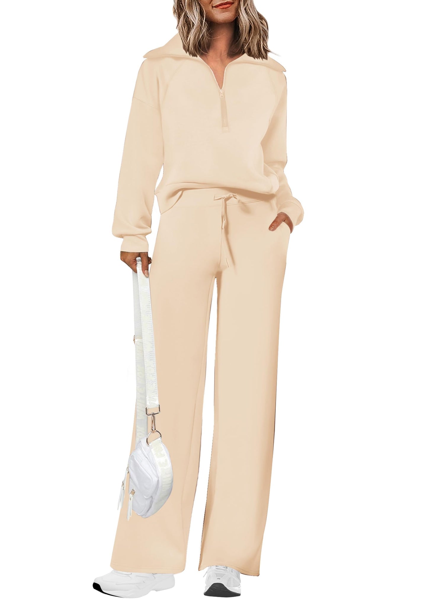 PRETTYGARDEN Women's 2 Piece Outfits Casual Lapel Half Zip Sweatshirts And Wide Leg Pants Tracksuit Sets