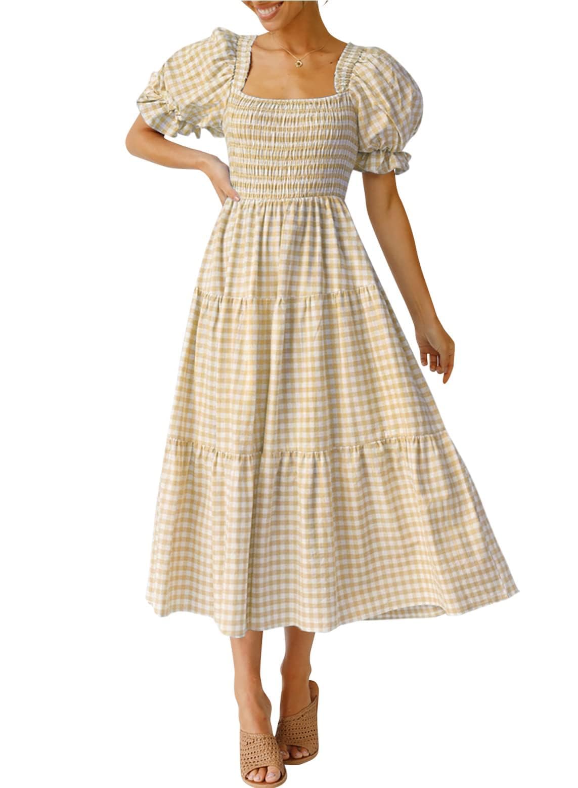 ZESICA Women's 2025 Bohemian Summer Plaid Square Neck Puff Sleeve Ruffle Flowy Beach Midi Dress
