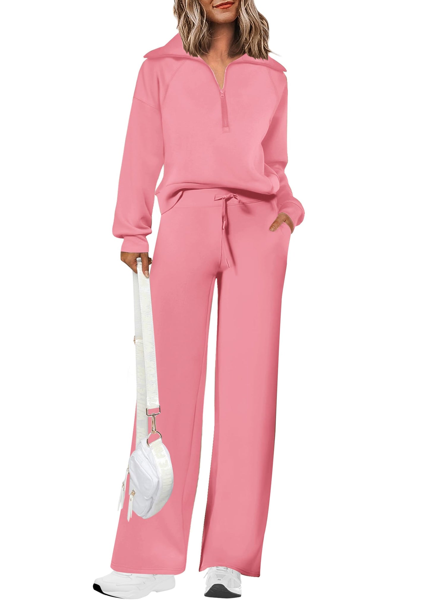 PRETTYGARDEN Women's 2 Piece Outfits Casual Lapel Half Zip Sweatshirts And Wide Leg Pants Tracksuit Sets