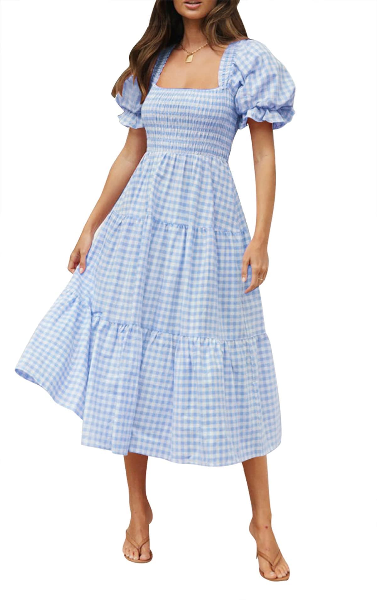 ZESICA Women's 2025 Bohemian Summer Plaid Square Neck Puff Sleeve Ruffle Flowy Beach Midi Dress