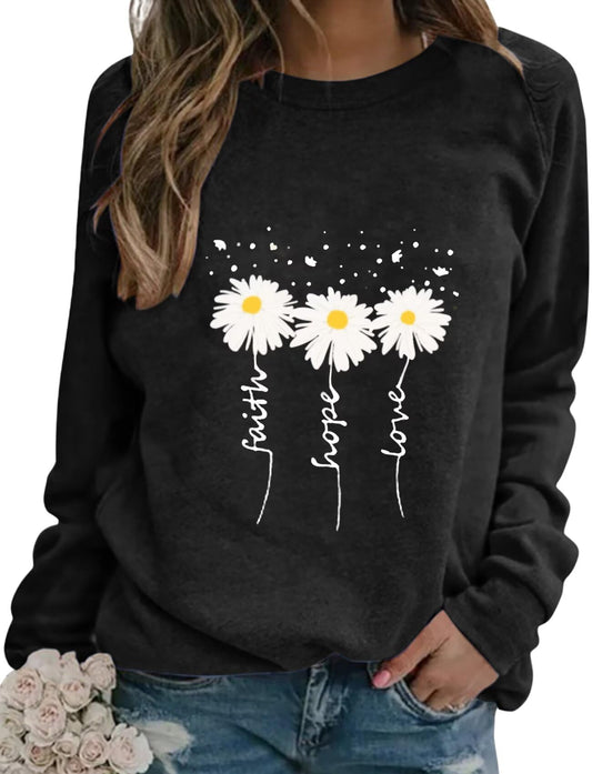 EADINVE Women Crewneck Daisy Print Long Sleeve Sweatshirts Faith-Hope-Love Graphic Tops Casual Loose Fit Pullover Shirts