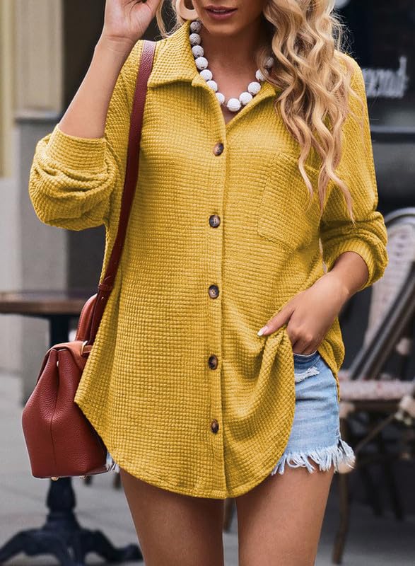 Dokotoo Womens Waffle Knit Shacket Jacket Casual Long Sleeve Button Down Shirts Dressy Blouses Tops
