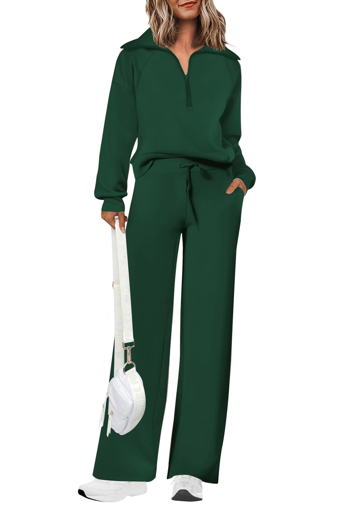 PRETTYGARDEN Women's 2 Piece Outfits Casual Lapel Half Zip Sweatshirts And Wide Leg Pants Tracksuit Sets