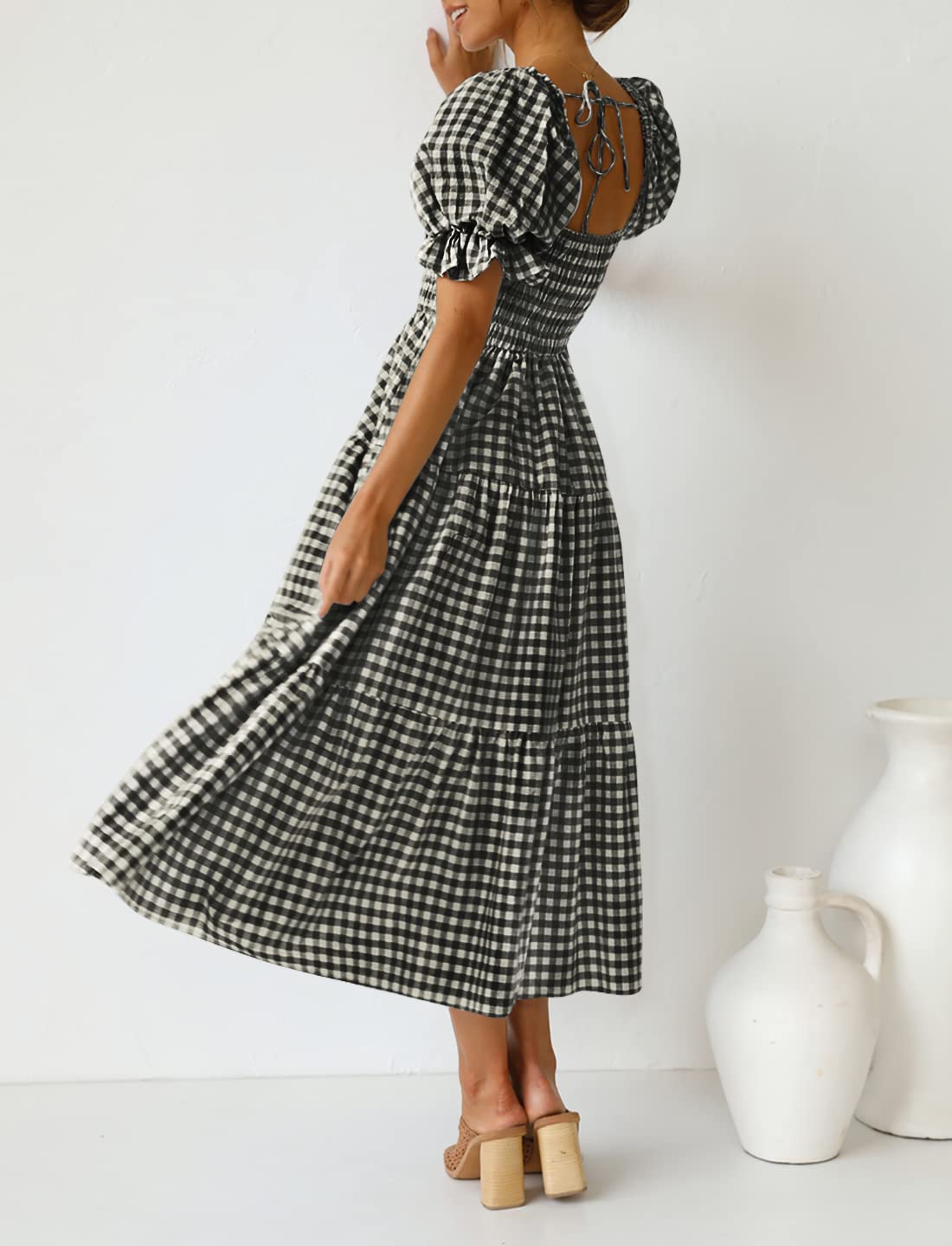 ZESICA Women's 2025 Bohemian Summer Plaid Square Neck Puff Sleeve Ruffle Flowy Beach Midi Dress