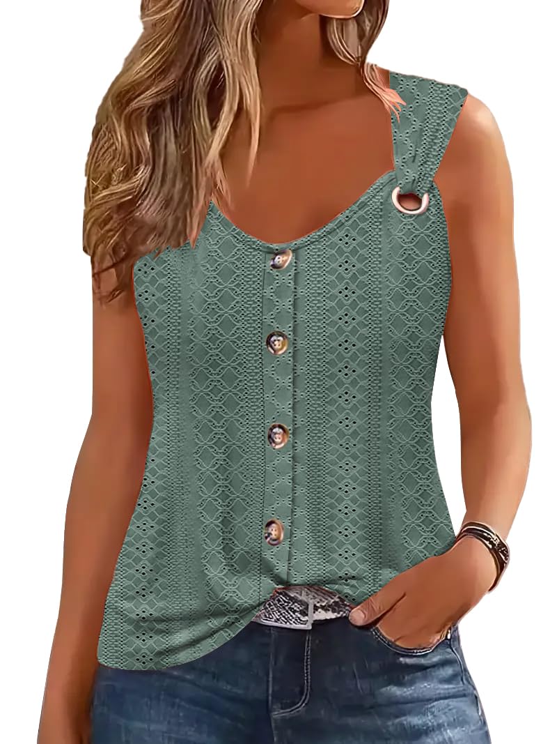ETCYY Summer Tank Tops for Women 2025 Loose Fit Spring Outfits Lace Striped Tee Button Down Sleeveless T Shirts