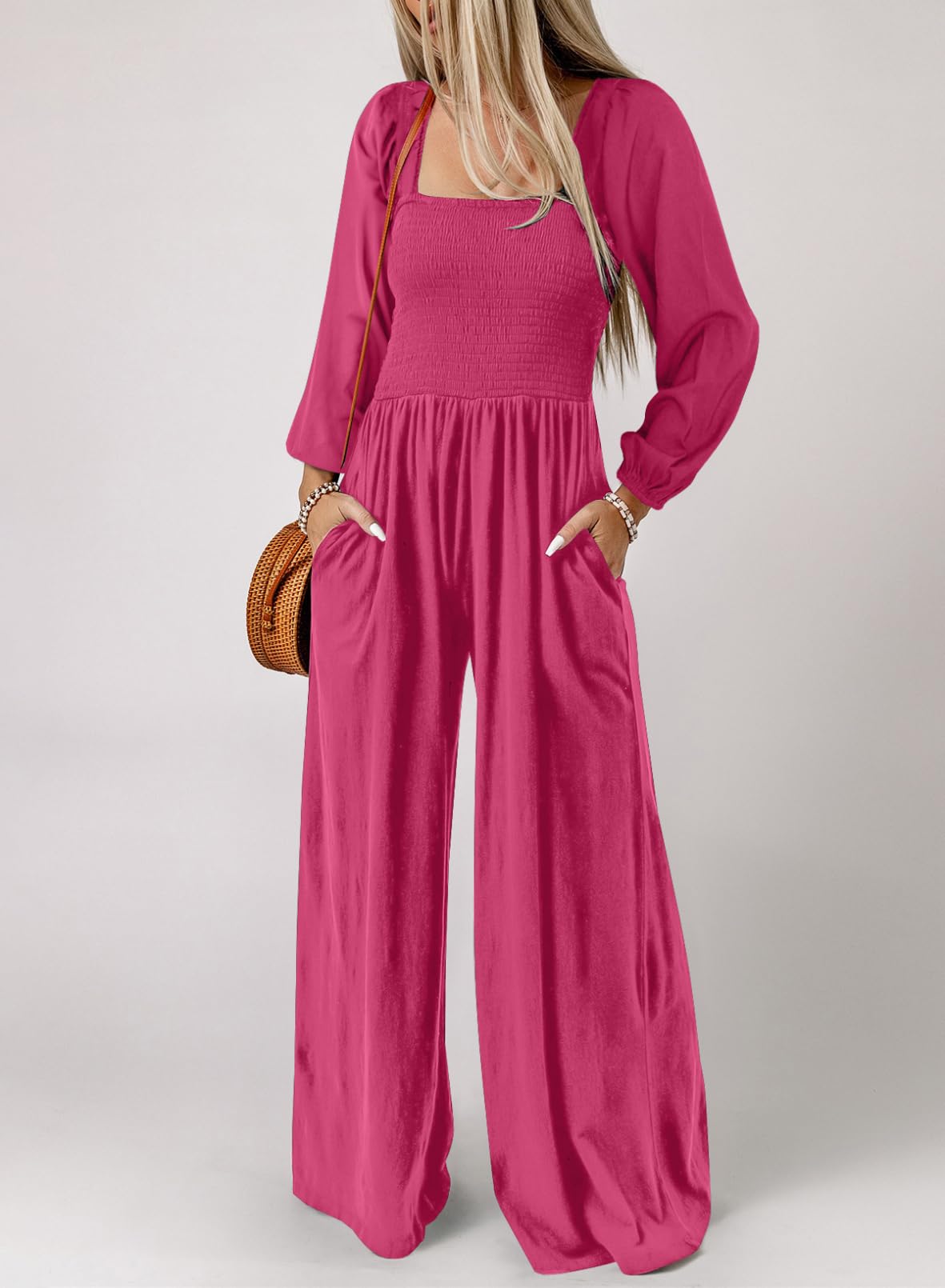 Dokotoo Women's Casual Loose Overalls Jumpsuits One Piece Long Sleeve Wide Leg Long Pant Rompers With Pockets