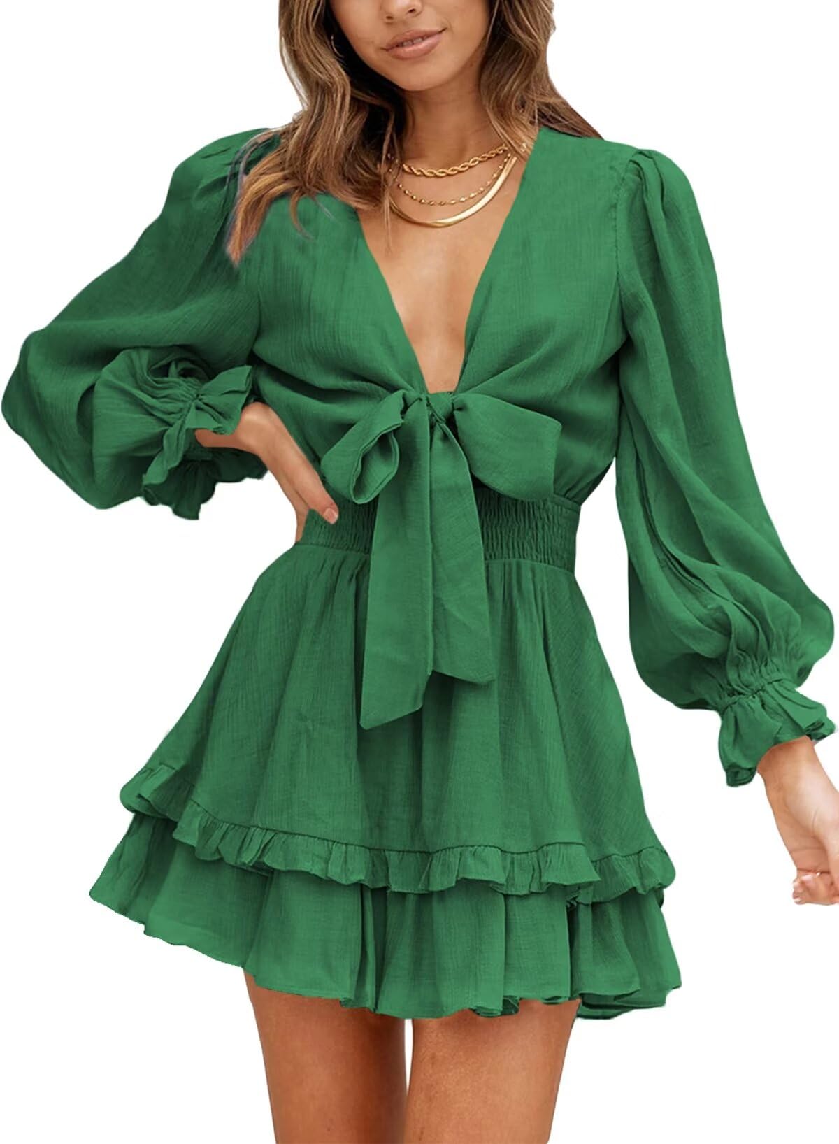 Dokotoo Womens Casual Spring Fall 2025 Deep V Neck Knotted Tiered Chiffon Elegant Mini Short Swing Skater Dresses