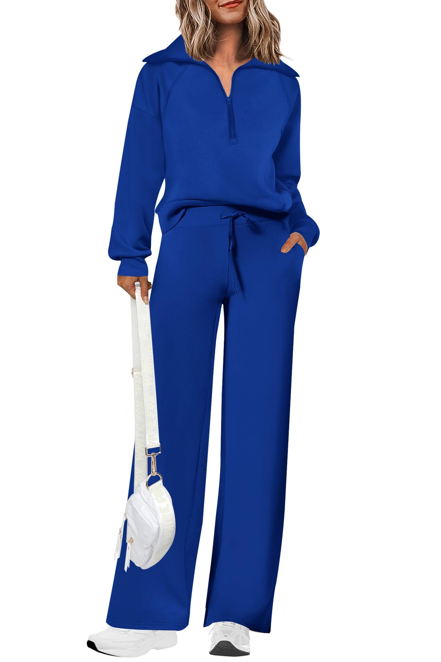 PRETTYGARDEN Women's 2 Piece Outfits Casual Lapel Half Zip Sweatshirts And Wide Leg Pants Tracksuit Sets