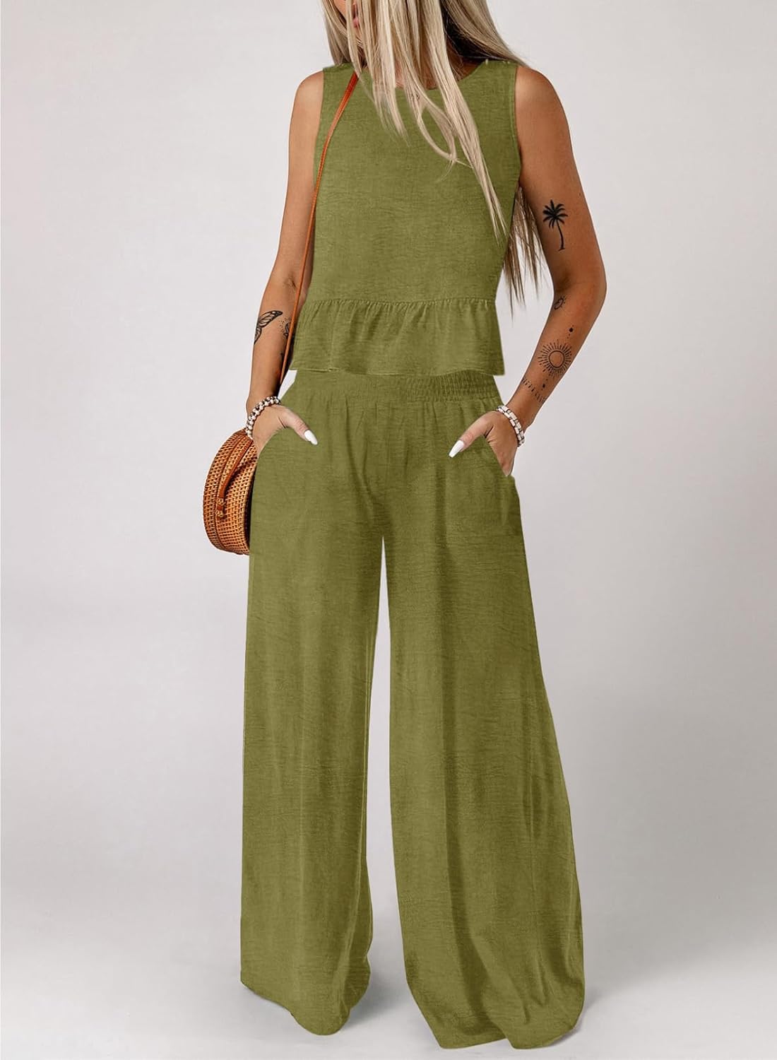 Dokotoo Pants Sets Women 2 Piece Outfits Sleeveless Round Neck Tank Tops Matching Sets for Women Elastic Waist Wide Leg