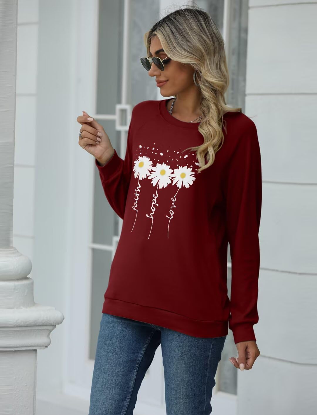 EADINVE Women Crewneck Daisy Print Long Sleeve Sweatshirts Faith-Hope-Love Graphic Tops Casual Loose Fit Pullover Shirts