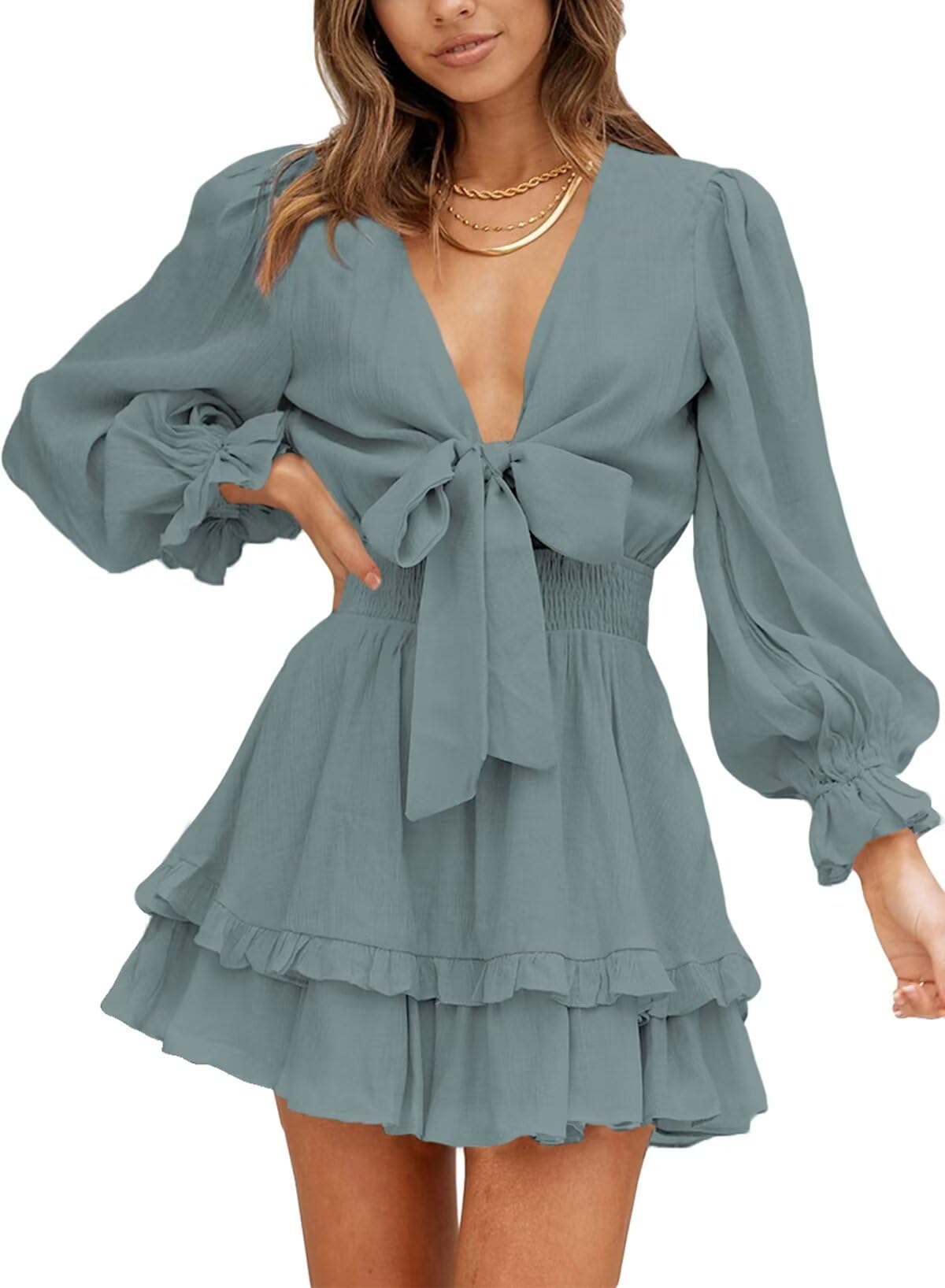 Dokotoo Womens Casual Spring Fall 2025 Deep V Neck Knotted Tiered Chiffon Elegant Mini Short Swing Skater Dresses