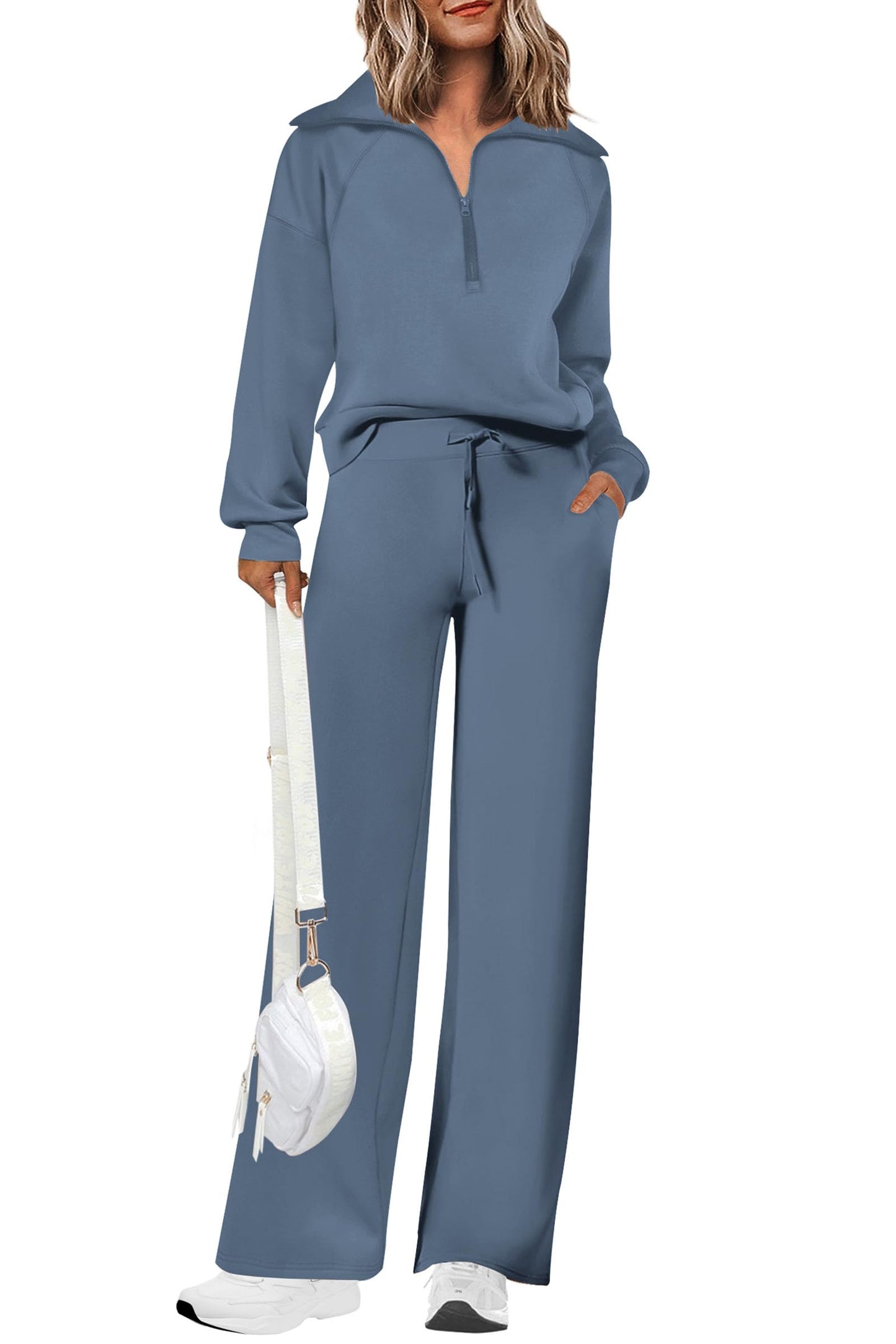 PRETTYGARDEN Women's 2 Piece Outfits Casual Lapel Half Zip Sweatshirts And Wide Leg Pants Tracksuit Sets