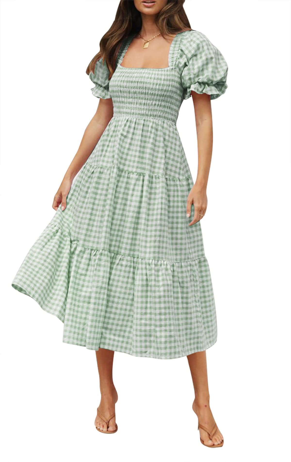 ZESICA Women's 2025 Bohemian Summer Plaid Square Neck Puff Sleeve Ruffle Flowy Beach Midi Dress
