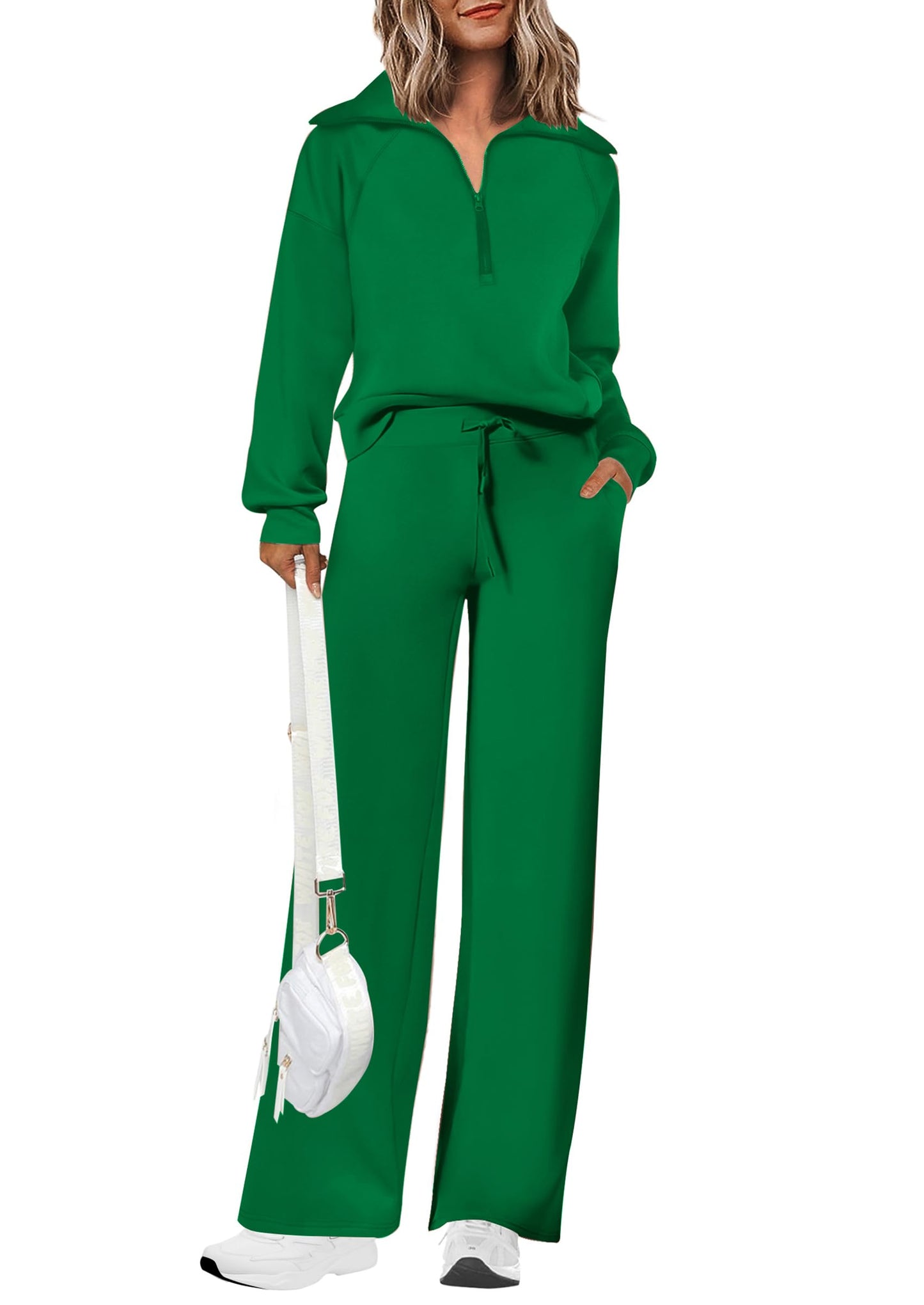 PRETTYGARDEN Women's 2 Piece Outfits Casual Lapel Half Zip Sweatshirts And Wide Leg Pants Tracksuit Sets