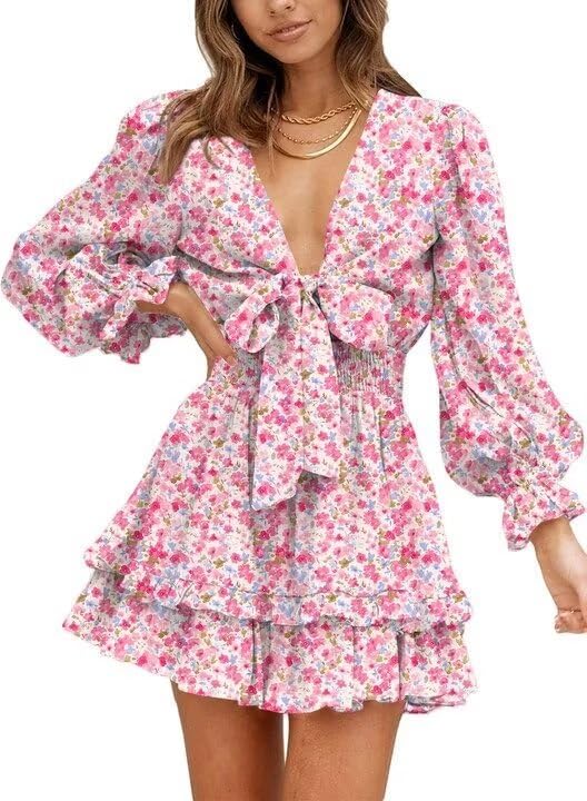 Dokotoo Womens Casual Spring Fall 2025 Deep V Neck Knotted Tiered Chiffon Elegant Mini Short Swing Skater Dresses