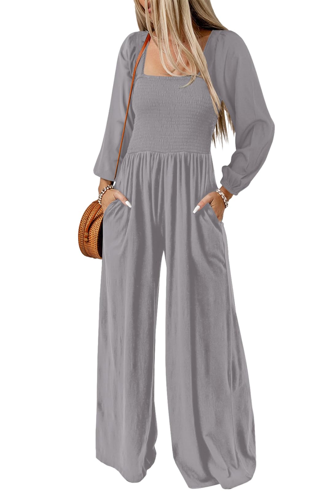 Dokotoo Women's Casual Loose Overalls Jumpsuits One Piece Long Sleeve Wide Leg Long Pant Rompers With Pockets