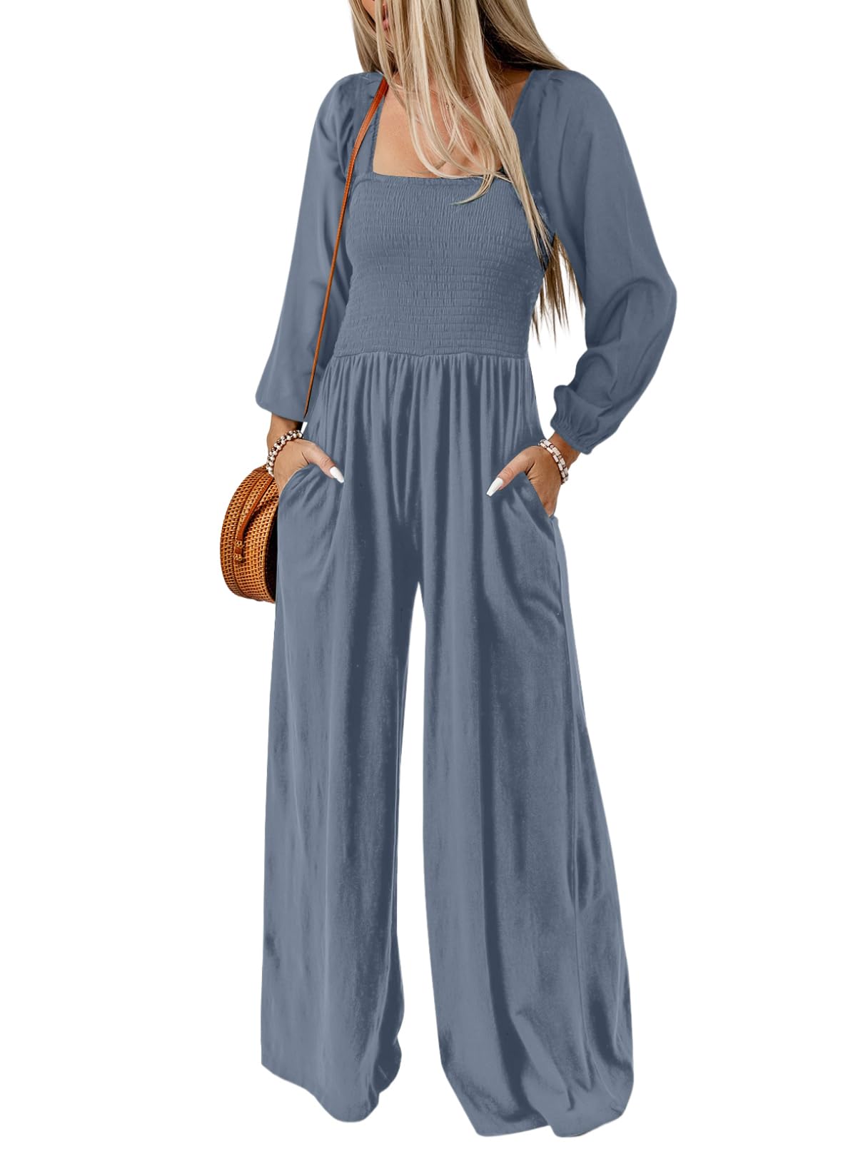 Dokotoo Women's Casual Loose Overalls Jumpsuits One Piece Long Sleeve Wide Leg Long Pant Rompers With Pockets