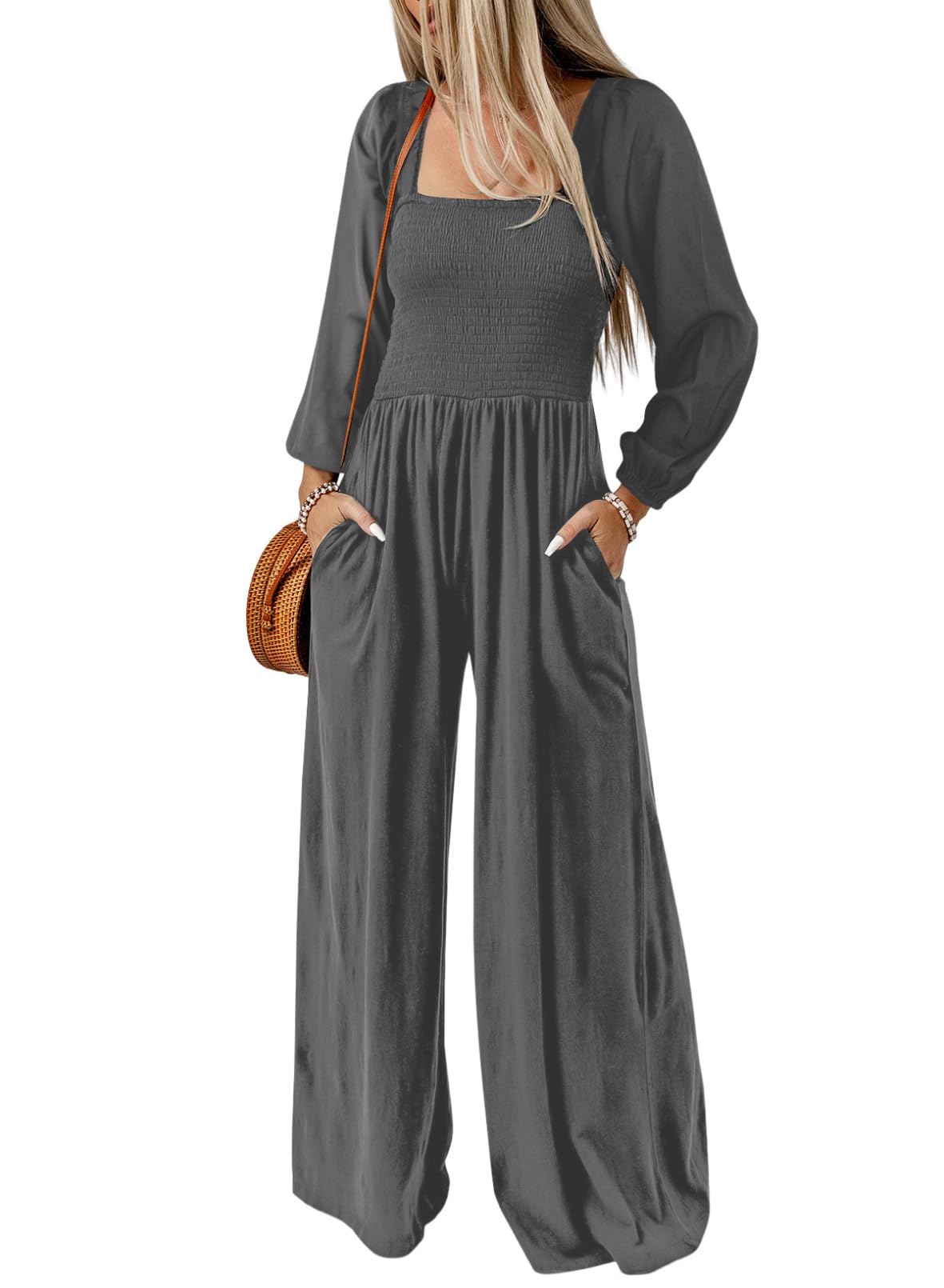 Dokotoo Women's Casual Loose Overalls Jumpsuits One Piece Long Sleeve Wide Leg Long Pant Rompers With Pockets