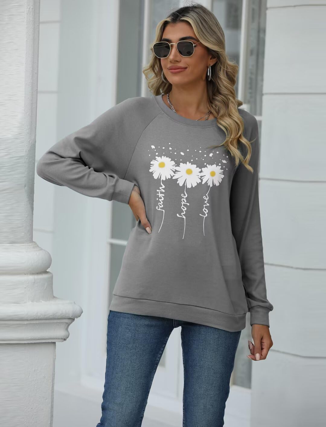 EADINVE Women Crewneck Daisy Print Long Sleeve Sweatshirts Faith-Hope-Love Graphic Tops Casual Loose Fit Pullover Shirts