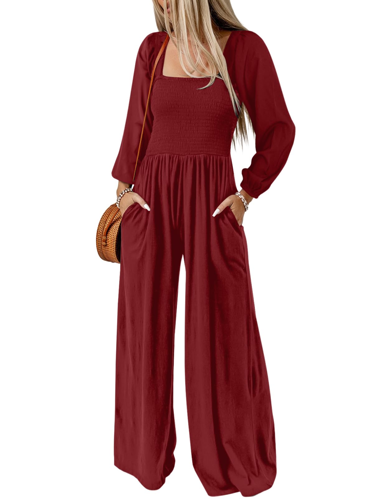 Dokotoo Women's Casual Loose Overalls Jumpsuits One Piece Long Sleeve Wide Leg Long Pant Rompers With Pockets