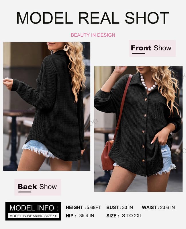 Dokotoo Womens Waffle Knit Shacket Jacket Casual Long Sleeve Button Down Shirts Dressy Blouses Tops