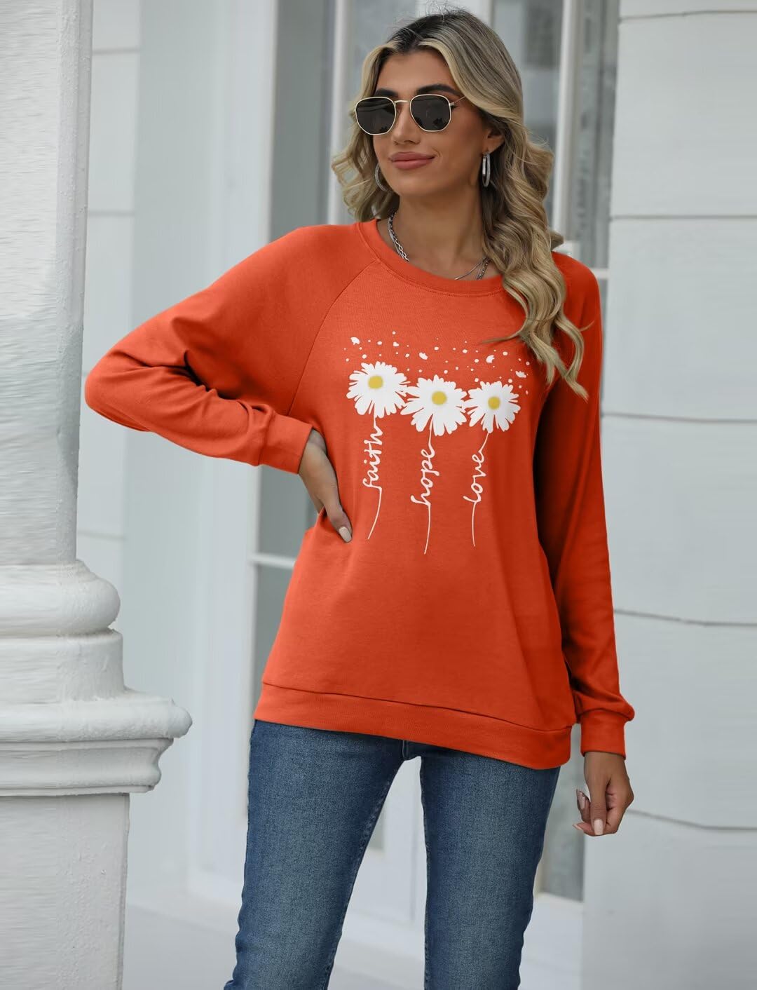 EADINVE Women Crewneck Daisy Print Long Sleeve Sweatshirts Faith-Hope-Love Graphic Tops Casual Loose Fit Pullover Shirts