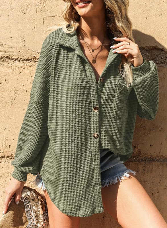 Dokotoo Womens Waffle Knit Shacket Jacket Casual Long Sleeve Button Down Shirts Dressy Blouses Tops