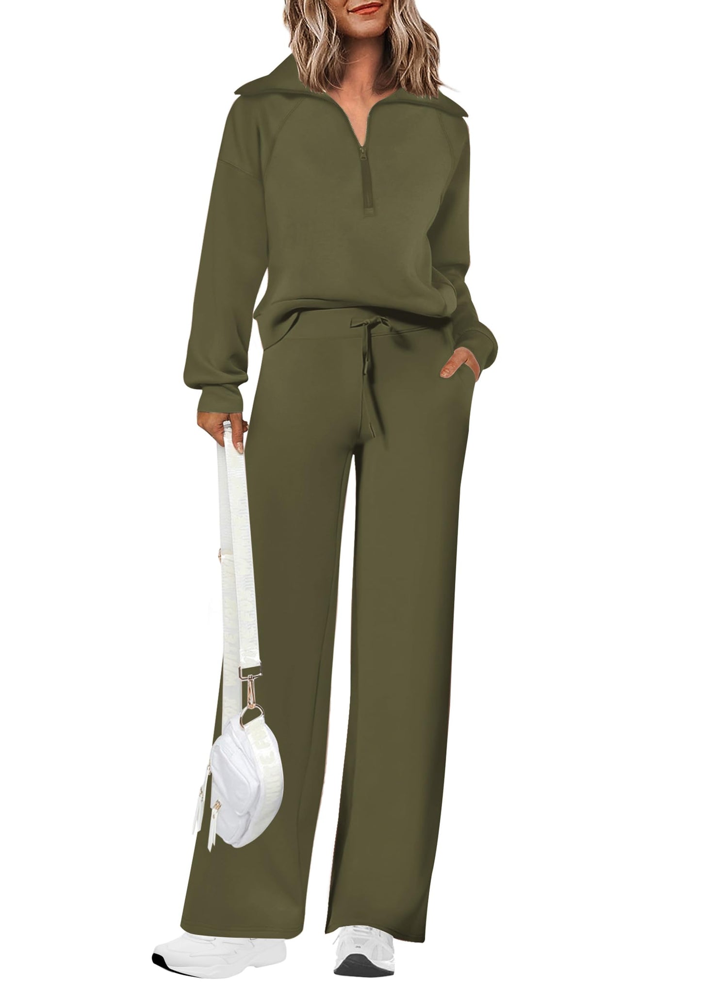 PRETTYGARDEN Women's 2 Piece Outfits Casual Lapel Half Zip Sweatshirts And Wide Leg Pants Tracksuit Sets