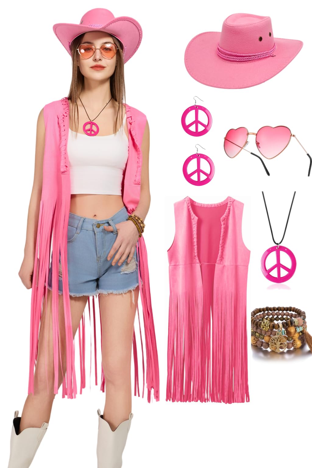 6 PC Cowgirl Western Outfits for Women Retro Cowgirl Costumes Fringe Vest Cow Girl Hat for Women Country 70s Hippie Outits