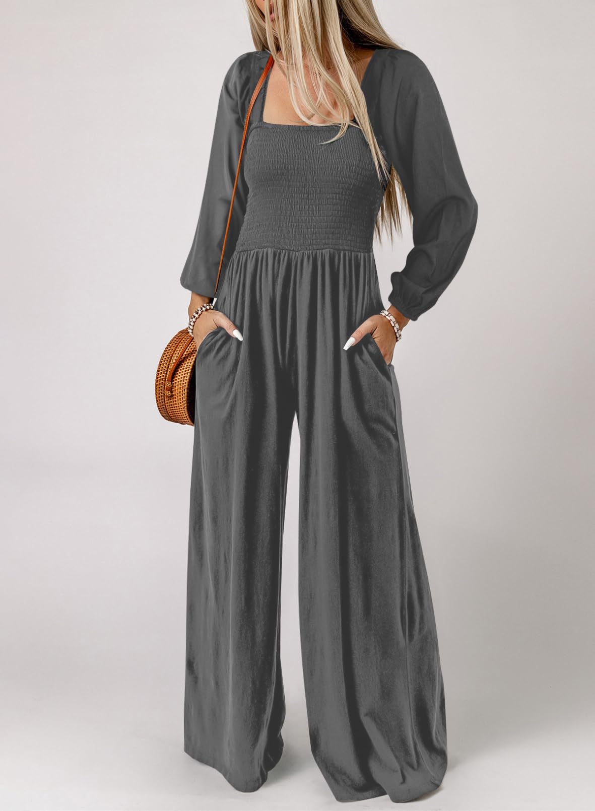 Dokotoo Women's Casual Loose Overalls Jumpsuits One Piece Long Sleeve Wide Leg Long Pant Rompers With Pockets