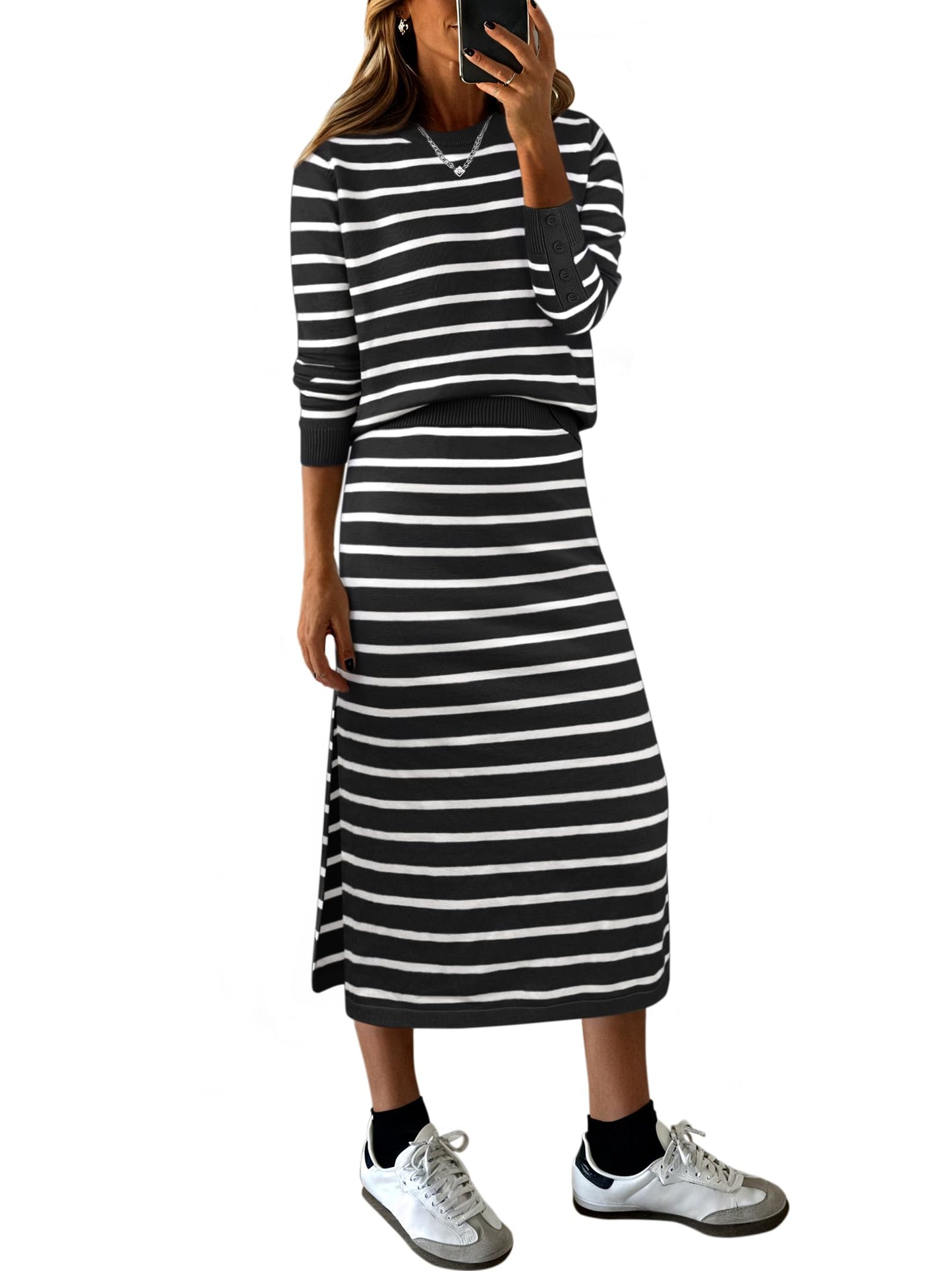 ANRABESS 2 Piece Skirts Sets For Women Fall Fashion 2025 Striped Sweater Midi Dress Knit Lounge Travel Outfits Winter Clothes