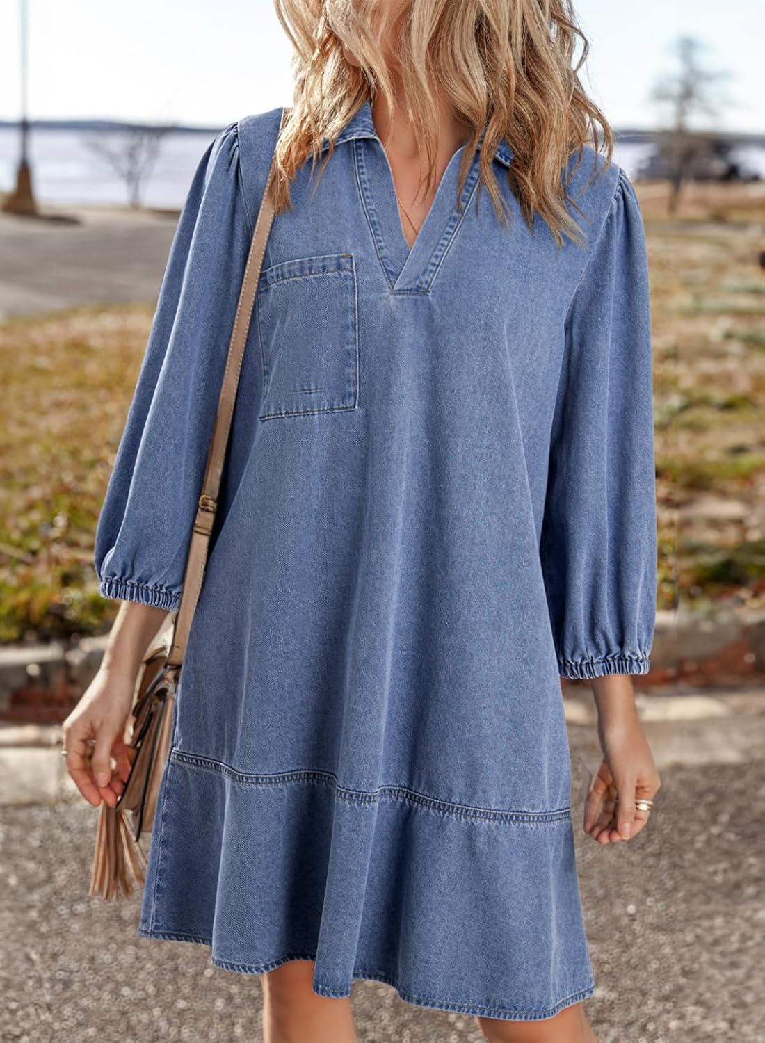 Dokotoo Denim Dress for Women Fashion Fall Casual Babydoll 2025 V Neck 3/4 Puff Sleeve Jean Dresses