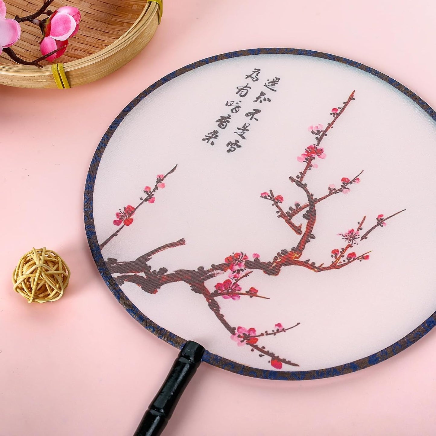 Waline 2 Pack Chinese Round Fan - Ancient Hand Fan With Translucent Silk, Pink Blue Traditional Palace Paddle Design, Vintage Double-Sided Pattern For Wedding Favor, Home Decor